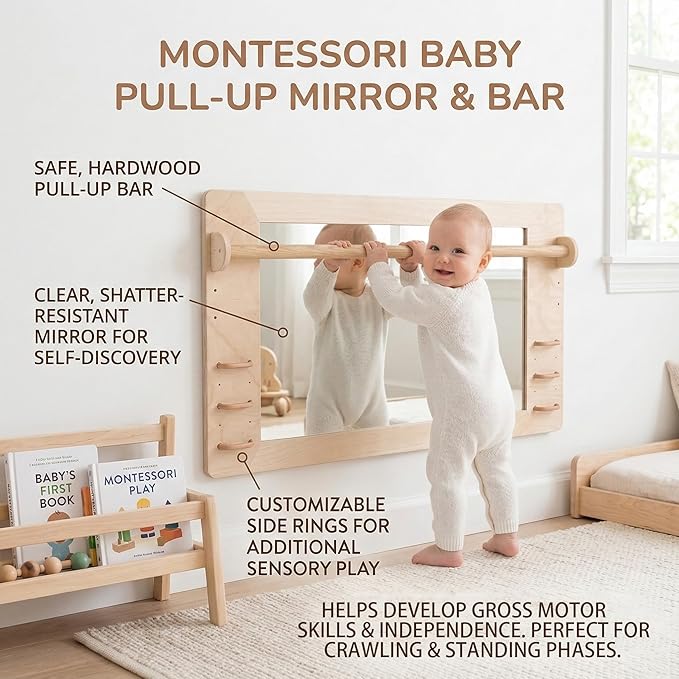Coordination Montessori Toddler Mirror with Handle Wooden Shatterproof Acrylic Non Glass Safety Early Learning to Walk Standing Mirror for Babies Nursery Playroom Wall Mounted 47.24"