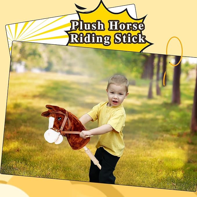 37 Inch Plush Stick Horse Handsewn Head Hobby Horse on a Stick Horses Ride on a Stick Toy with Wooden Wheels and Real Pony Clip-Clop Sounds for Pretend Play Kids Gift (Color Set 3)