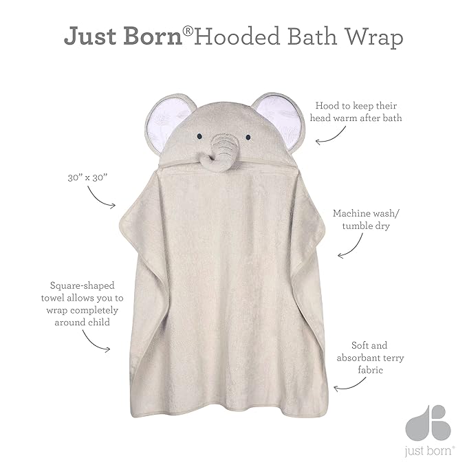 Just Born Boys and Girls Newborn Infant Baby Toddler Hooded Bath Towel, Elephant, One Size