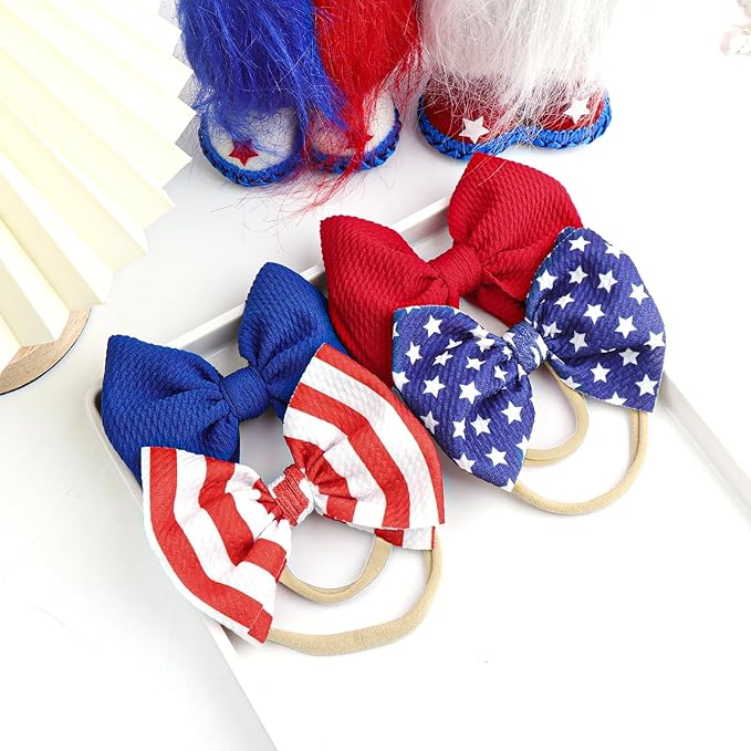 YanJie 4th of July Flag Baby Nylon Headbands Bows Red Blue White Star Spangled Hairbands Bows Hair Accessories for Newborns Toddlers Kids 4 Pcs