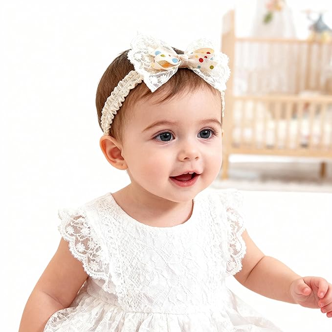 Baby Girls Bow Lace Headband Cute Soft Hairband White Butterfly Knot Headbands for Newborn Infants Toddlers Kids Christening Baptism Birthday Party Hair Accessories（Colorful dots）