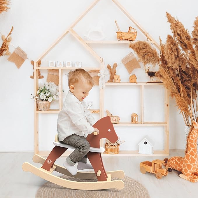 SPEEDY MONKEY Vintage Wooden Rocking Horse, Trendy Design, Handrails for Safe Rock & Ride, Non-Toxic Paint, Steady Motion, Classic Toy for Kids' Development and Fun