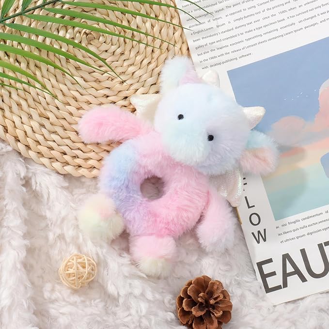 Apricot Lamb Colourful Dragon Soft Baby Rattle for Boys and Girls, Plush Stuffed Animal Rattle Toy Lovey for the Newborn, 0-3 Months, 0-6 Months and Above