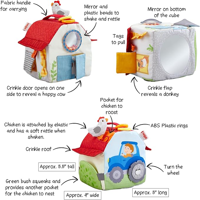 HABA Sensory Play Cube Farmyard - Infant Toys for Tummy Time and Best Toys for Baby Development for 6 Months+ with Rattle, Crinkle Sounds and Tactile Effects
