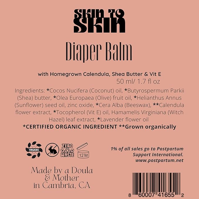 Skin to Skin Diaper Balm 50 ml - Plant Based Organic Baby Butt Balm with Calendula and Beeswax - Gentle Diaper Rash Preventative and Care for Your Little One's Delicate Skin