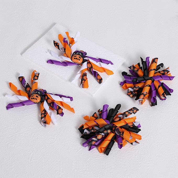 Halloween Pumpkin Korker Hair Bows for Girls,4 Pack Black Orange Purple Curly Ribbon Alligator Clips for Kids Teens Toddler Baby Women Holiday Party Costume Dress Decor Accessory Gift