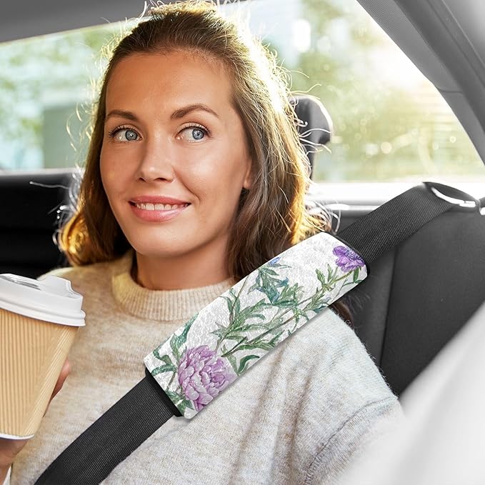 Car Seat Belt Pads 2 Piecing Soft Baby Seat Shoulder Strap Cover for Women Men Kids S Florals Peonies Violet Peonies White