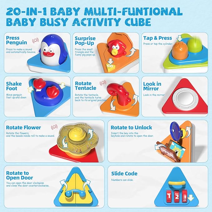 20-in-1 Toddler Busy Board Cube Toys, Early Educational Montessori Sensory Toy for Toddler 1-3, Montessori Toys for 1 2 Year Old Boys Girls Kids, Travel Toy Gifts for 1 2 Year Old Boy Girl