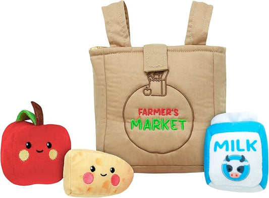 4 Piece Plush Farmer's Market Play Set with Sensory Toys for Baby, Multicolored, 6 inch Grocery Bag with 3 Foods