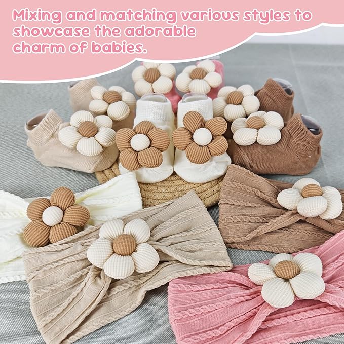 Baby Girl Headbands and Socks Set, Non-Slip Socks with Flower Hairbands, Comfortable Newborn Infant Toddler Accessories (Beige/Brown, 6-12 months)