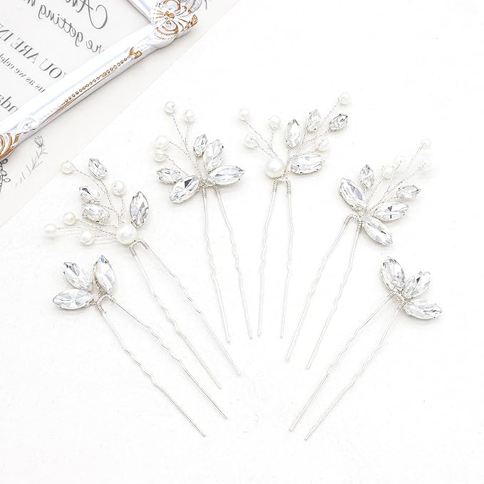 Oriamour Bridal Hair Pins 6 Pcs Rhinestone Wedding Hair Accessories Pearl Crystal Bobby Bridal Hair Clips Jewelry Bridal Hair Accessories for Brides Bridesmaids Flower Women Girls (Silver, 3.5'')