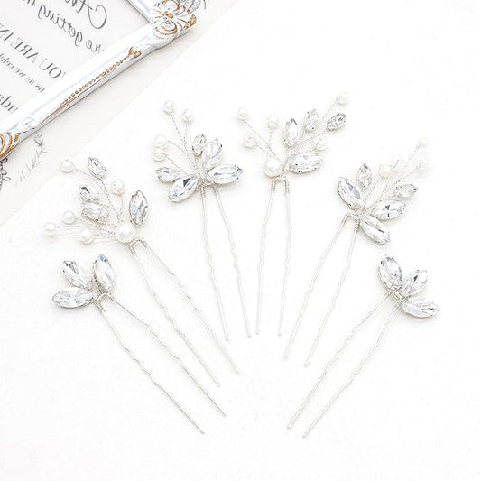 Oriamour Bridal Hair Pins 6 Pcs Rhinestone Wedding Hair Accessories Pearl Crystal Bobby Bridal Hair Clips Jewelry Bridal Hair Accessories for Brides Bridesmaids Flower Women Girls (Silver, 3.5'')
