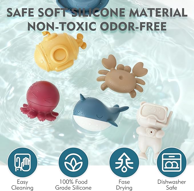MarcZero Ocean Silicone Bath Toys 8Pcs for Toddlers Kids Babies,Bathtub Water Toys,Soft Squeezable Easy-Grip Pool Toys Set (Blue)