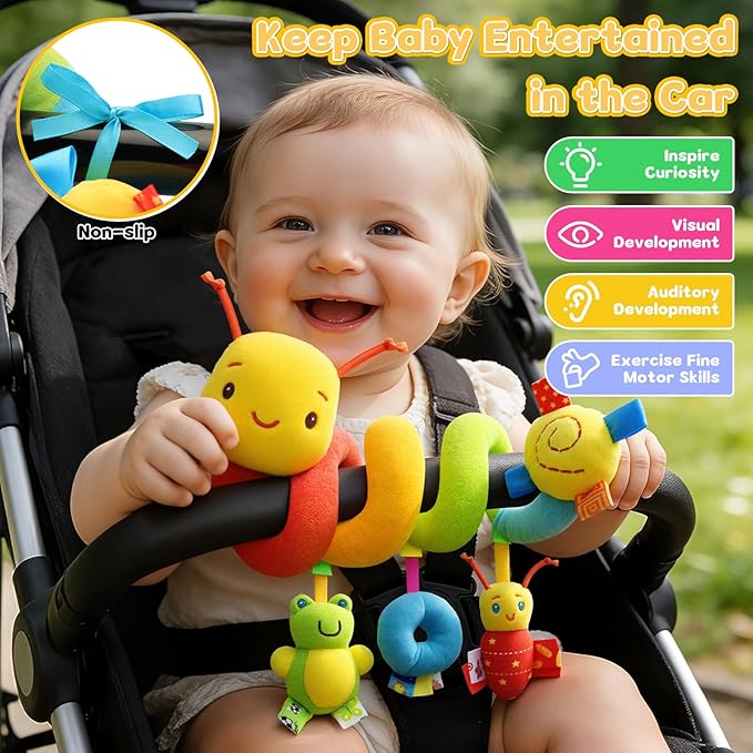 FPVERA Car Seat Toys for Babies 0-6 Months, Hanging Carseat Toys for Infants 0-12 Months, Spiral Plush Caterpillar Sensory Stroller Toy with Rattles for Baby Essentials Newborn Boy Girl Shower Gifts