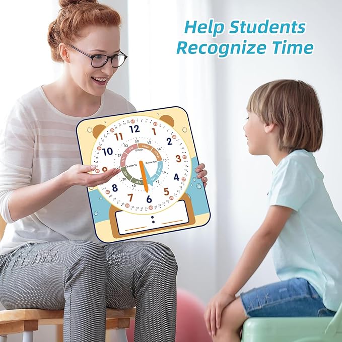 ANCOMEDO Large 12" Magnetic Writable Dry Erase Teaching Clock with Cute Style, Teaching Demonstration Clock for Kids Learning Practice Time for Home School Classroom Supplies (12" x11"-Beige)