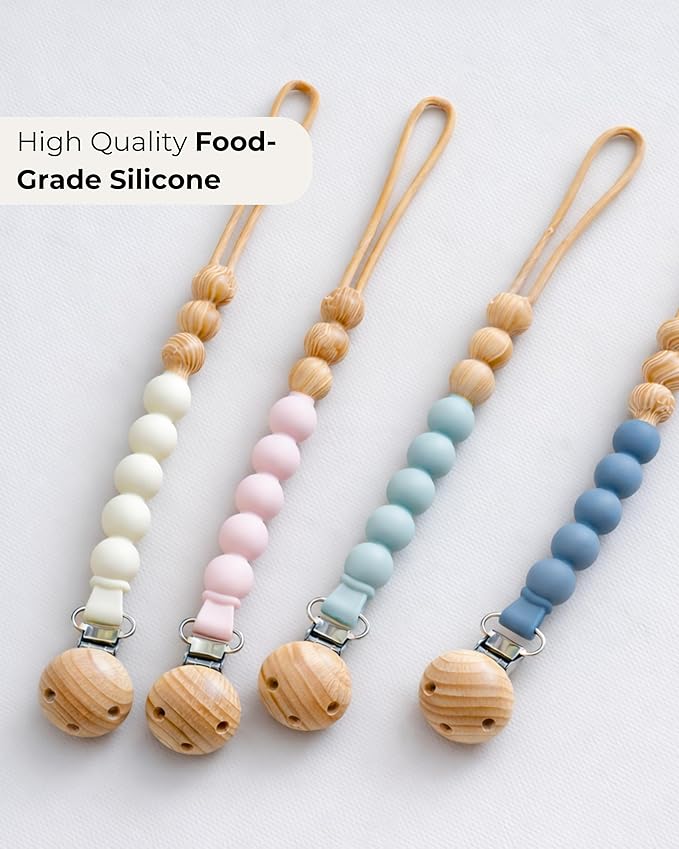 Hippypotamus Pacifier Clips - One Piece All Silicone Holder for Baby’s Binky & Teething Toys - No String Or Loose Beads - Set of 4 (Sand/Rose/Sage/Stone)
