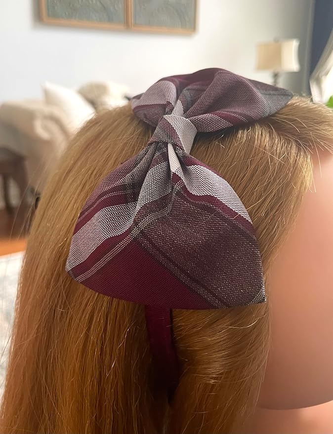 ClassExceed School Headband, Plaid bow headband, back to school, available in variety of school plaids (Plaid 54 Burgundy white light Gray, Regular)