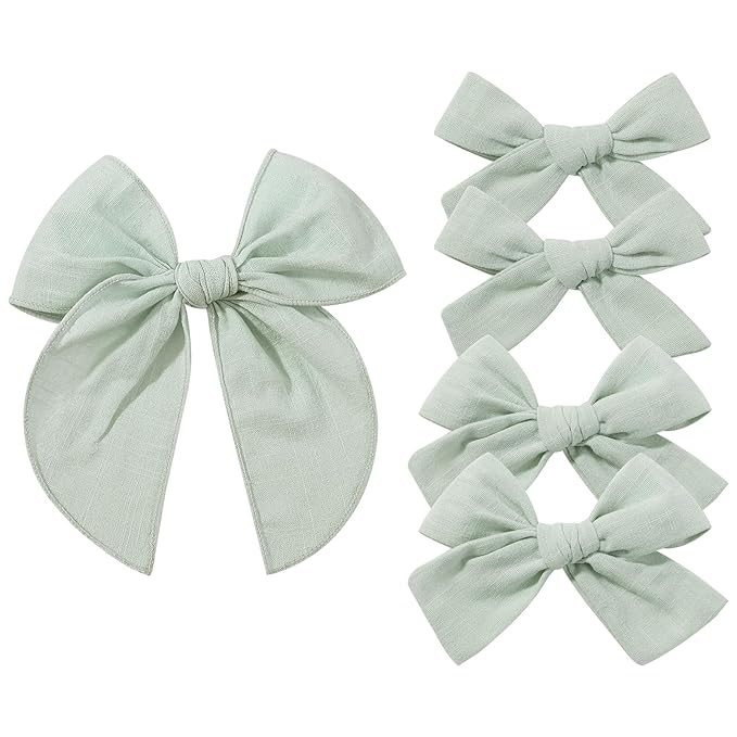 YHXX YLEN 5PCS Green Cotton Linen Hair Bows for Girls Handmade Alligator Clip Hair Accessories for Babies Infant Toddlers Kids(5inch×1, 4inch×2, 3.5inch×2)