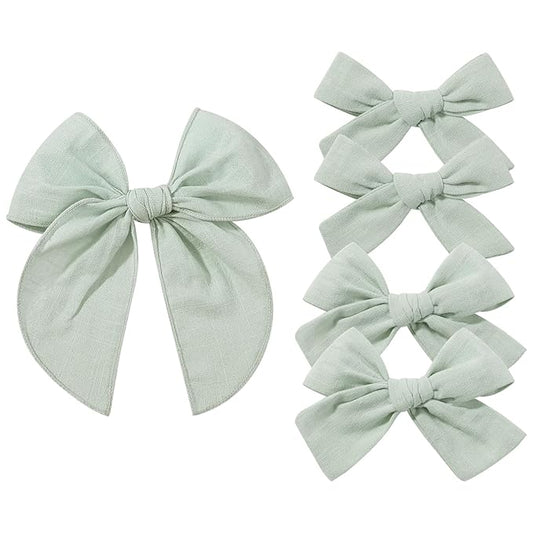 YHXX YLEN 5PCS Green Cotton Linen Hair Bows for Girls Handmade Alligator Clip Hair Accessories for Babies Infant Toddlers Kids(5inch×1, 4inch×2, 3.5inch×2)