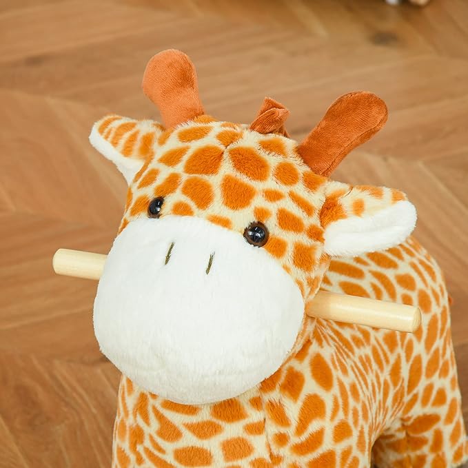 Qaba Rocking Horse, 2 in 1 Kids Ride on Horse, Rolling Giraffe Animal Rocker with Sound, Wooden Base, Pedal, Grip Handle, Plush Riding Pony for 3-6 Years Old, Yellow