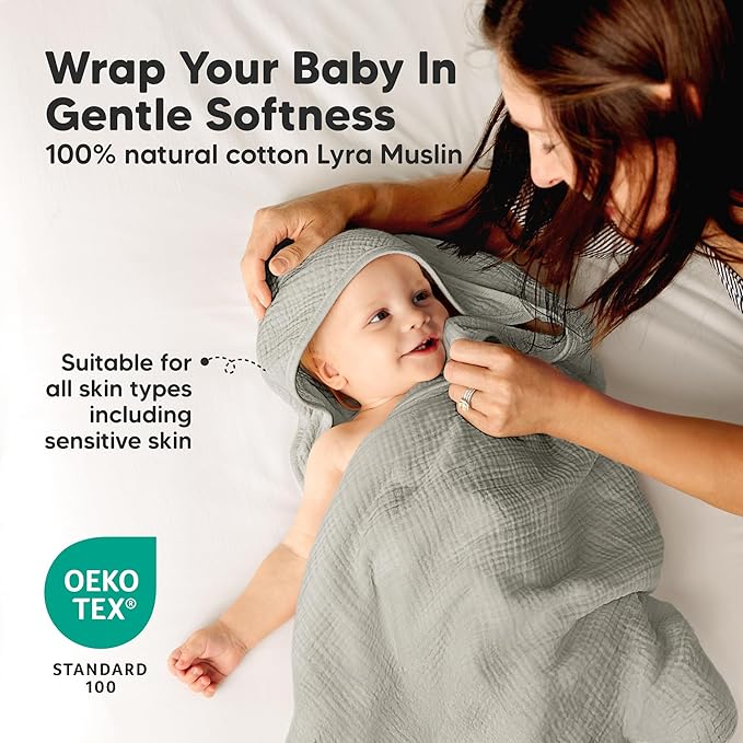 KeaBabies Muslin Hooded Baby Towels for Newborn Girls, Boys - 2-Pack, 30x30 Organic Cotton Baby Bath Towels Hooded, Soft Absorbent, Toddlers, Kids, Infant, Newborn Bath Essentials (Graphite, Petite)