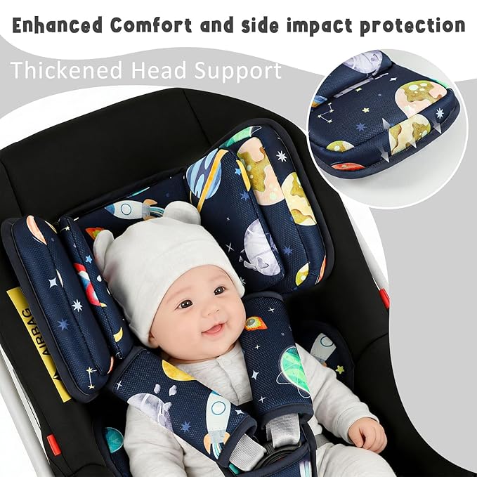 Infant Car Seat Insert with 2 Headrests for Doona|Graco, Thickened Baby Car Seat Cushion for Newborn, Car Seat Head Support Shoulder Covers Set Fits for Stroller, Baby Swing, Bouncer (Blue, Space)