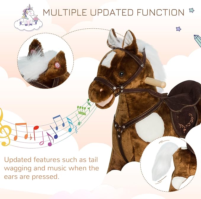 Qaba Kids Metal Plush Ride-On Rocking Horse Chair Toy with Nursery Rhyme Music - Dark Brown