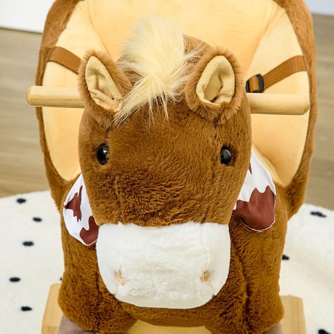 Qaba Baby Rocking Horse, Riding Horse, Plush Animal Rocker with Realistic Sound, Pedals for Ages 18-36 Months, Brown