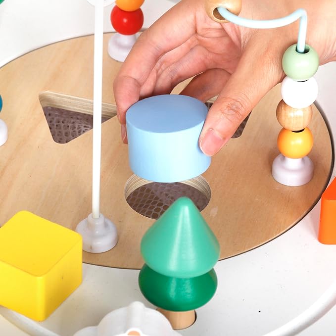 touch us Baby Activity Cubes for Kids,Toddler Activity Cubes&Activity Center Table with Wooden Bead Mazes，Mini Toy Car,Gears&Blocks|Wooden Desk Play Table as Montessori Toy for 1 Year Old Boy Girl