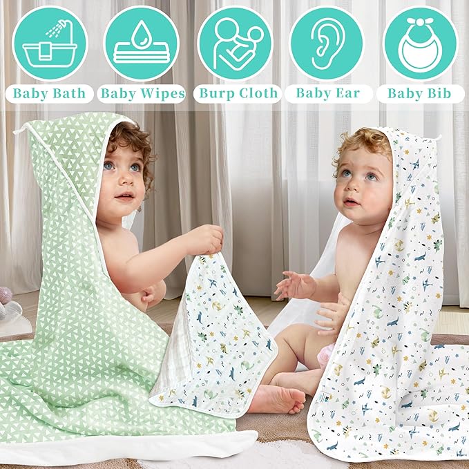 VOOVA & MOVAS 6 Pack 100% Muslin Cotton Baby Washcloths with Handing Loop | 13x13 Inches | Highly Absorbent | Ultra-Soft Newborn Burp Cloths | Perfect Set |Triangle & Dino Patten