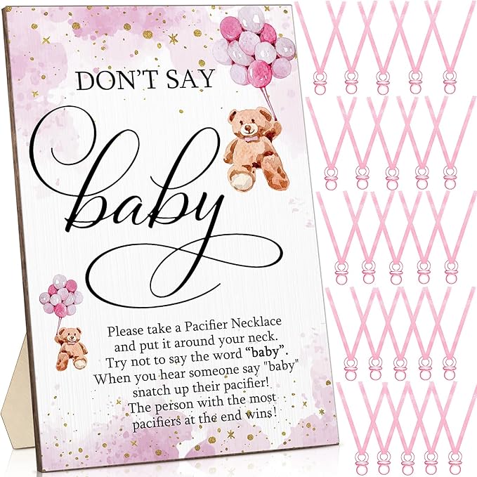 Wesiti 51 Pcs Cool Baby Shower Game Wooden Sign Gift Sets 50 Baby Shower Pacifiers Necklace Acrylic Pacifier for Gender Reveal Party Favor(Bear,Pink)
