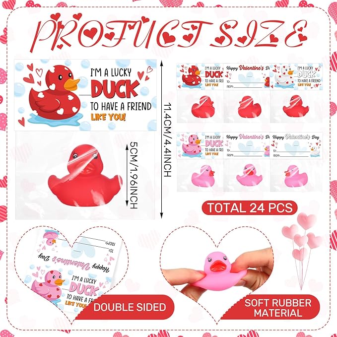 24 Pcs Valentine's Day Rubber Ducks 1.96 Inch Rubber Ducks with Valentine's Day Cards Pink Red Bath Duck Toys for Valentines Gifts Classroom Exchanges Prize Pool Bathtub Party Favors