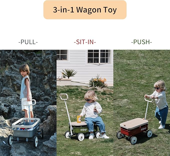 kidpop PULA-Wild 3-in-1 Kids' Pull-Along Wagon Toddlers Push Walker for 2.5-8, Removable Wooden Cover and Adjustable Handlebar, Birthday Gifts Max Weight 33 lbs (White)