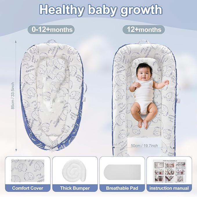 Baby Lounger for Newborn (0-24 Months) - 100% Cotton Baby Nest with Handles, 2-in-1 Play Mat & Diaper Changing Pad, Portable for Home & Travel, Infant Essentials Gifts (Elephant Blue)