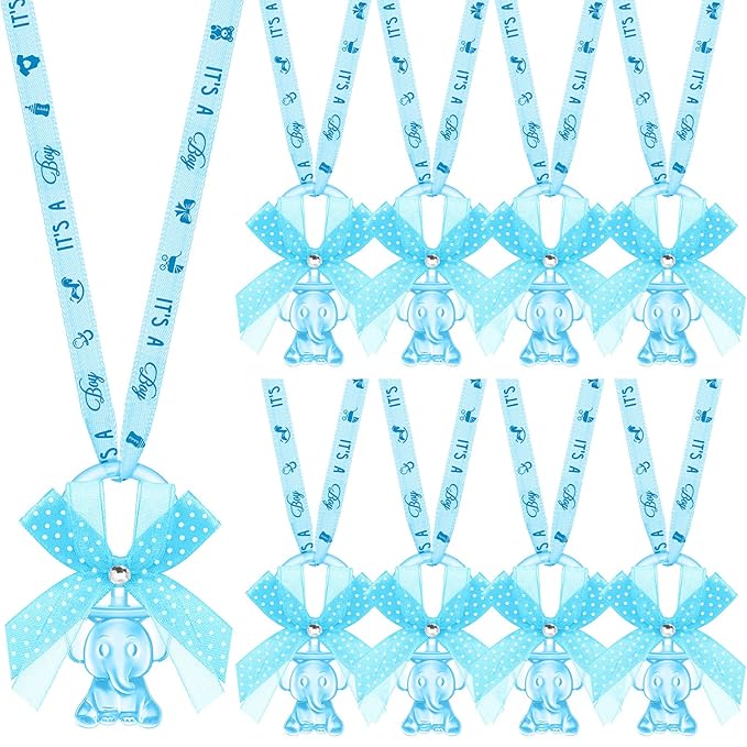 Tondiamo 60 Pcs Baby Shower Pacifiers Elephant Necklace Acrylic Baby Shower Party Favors with Cute Rhinestone Bows for Gender Reveal Party Decoration Table Scatter(Blue)