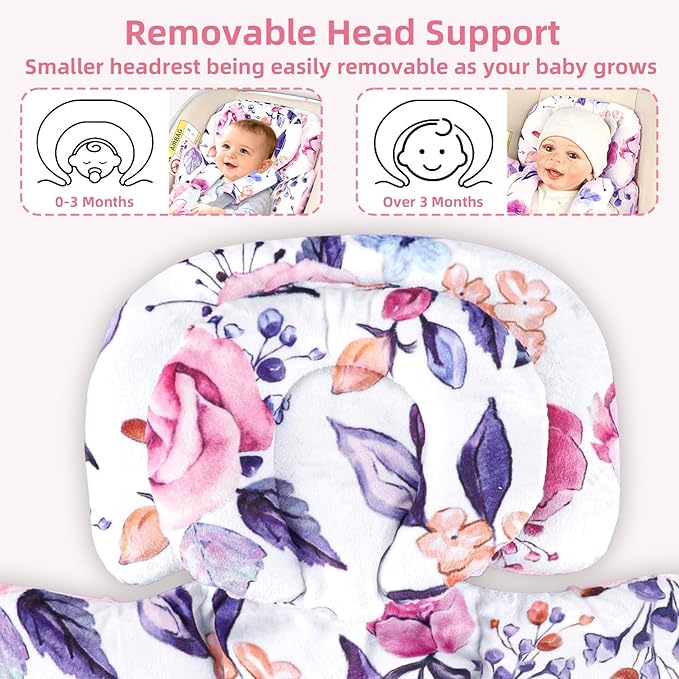 Infant Car Seat Insert with Removable Baby Head Support Pea Pod Newborn Carseat Insert Soft & Breathable Baby Car Seat Cushion, Minky Dot Backing, Universal Fit Stroller, Swing, Bouncer, Floral