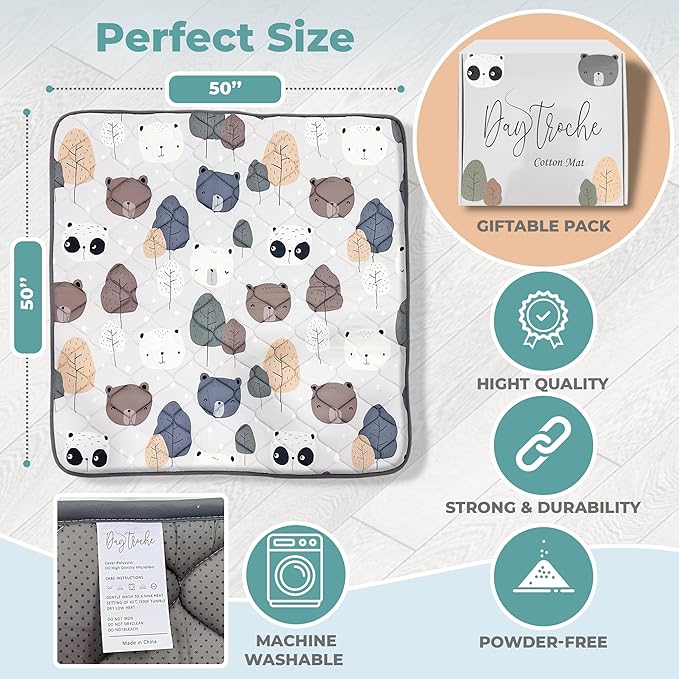 Baby Play Mat 50 x 50 Inches for Playpen – Padded Play Mat for Babies, Shock-Absorbing EVA Foam, Non-Slip, Waterproof and Easy to Clean, Ideal for Crawling and Tummy Time