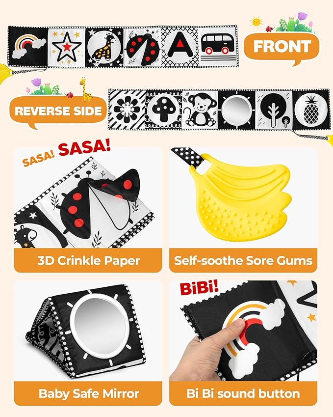 Melican Black and White High Contrast Baby Toys 0-6 6-12 Months, Soft Book with Teether, Newborn Infants Tummy Time Toys, 0-3 3-6 Month Sensory Visual Stimulation, Montessori Learning Essentials