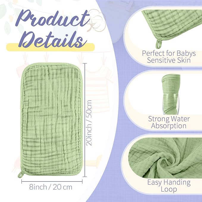 VitalCozy 6 Pcs Baby Muslin Hooded Bath Towels and Washcloths Muslin Cotton Hooded Baby Towels Absorbent Blankets for Gift Newborn Infant Shower (32 x 32 Inch,Sage Green,Grey)