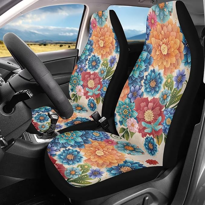 Hippie Floral Automobile Seat Cover, Universal Seat Covers for Front Seat Waterproof Elastic Polyester Car Seat Protector Covers Suitable for Cars, SUV and Trucks