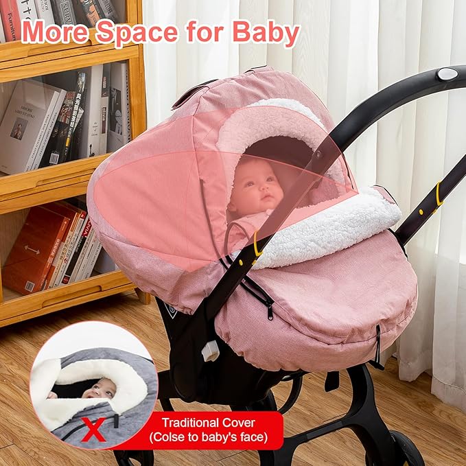 Winter Baby Car Seat Cover, Carseat Cover with Plush Sherpa Fleece Lining, Infant Car Seat Canopy with Peeping Window & Huge Space, Warm & Snug Baby Carrier Cover for Cold Weather