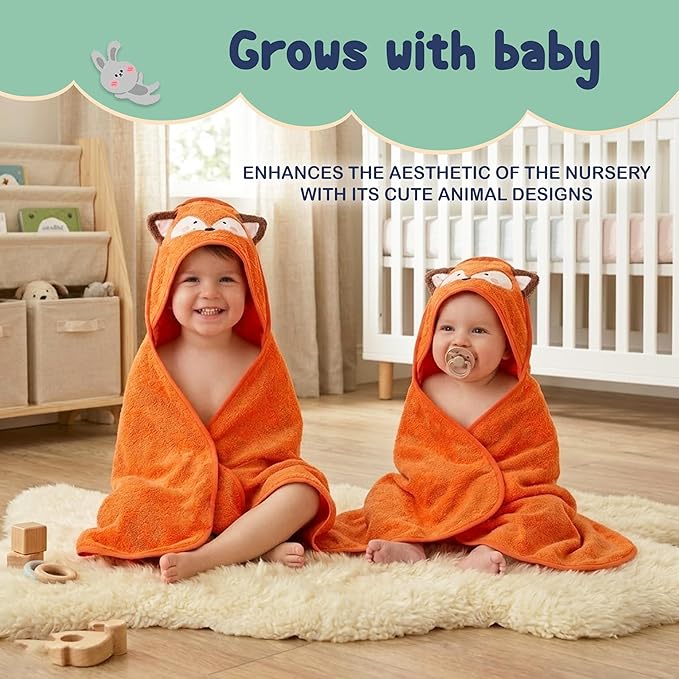 Mother's Choice 100% Organic Cotton Baby Hooded Towel – Ultra-Soft & Absorbent Baby Bath Towels for Newborn with 3D Orange Fox Design