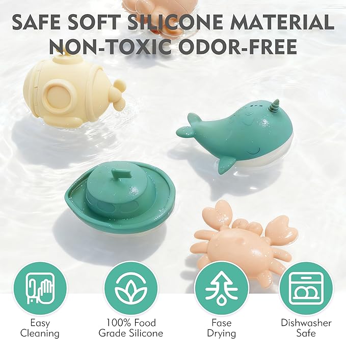 MarcZero Ocean Silicone Bath Toys 8Pcs for Toddlers Kids Babies,Bathtub Water Toys,Soft Squeezable Easy-Grip Pool Toys Set (Green)