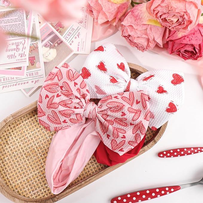 Valentines Bows for Baby Girls 6'' Large Nylon Headband Handmade Hairbands with Bows Red Light Pink Heart Baby Valentines Day Gifts Hair Accessories Kids