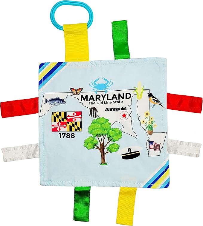 Baby Jack & Co 8x8” Learning Lovey Maryland State Tag Stroller Toy for Babies - Crinkle Toys for Developing Five Senses - Learn About Capitals - Travel with Baby Jack - BPA Free Clip