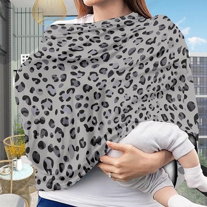 Biyejit Gray Leopard Nursing Cover for Newborn Breastfeeding Multi Use Infant Stroller Canopy Unisex Baby Car Seat Cover High Chair Cover Shopping Cart Cover for Baby Boy and Girl