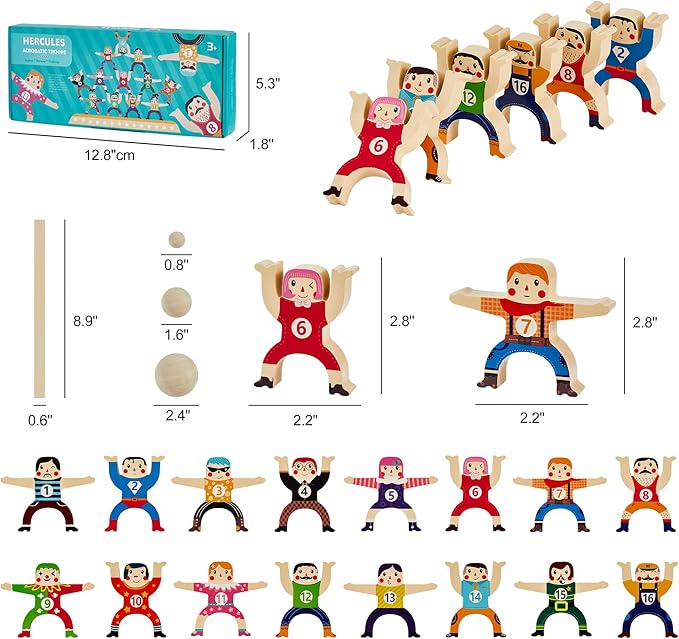moopok Wooden Stacking Toys,16Pcs Circus Hercules Acrobatic Troupe Interlock Toy,Balancing Building Blocks Game Toddler Puzzle Toys,for 3 4 5 6 Years Old Kids Adults