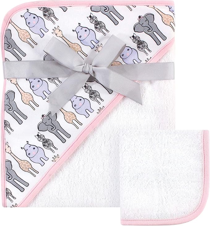 Hudson Baby Unisex Baby Cotton Hooded Towel and Washcloth, Pink Safari, One Size