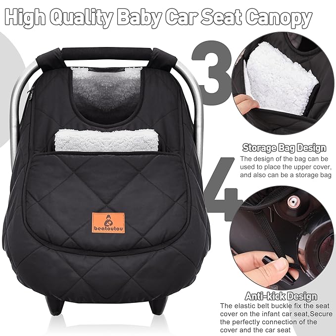 beatoutou Winter Baby Car Seat Cover, Beatoutou Waterproof Winter Infant Carseat Canopy for Boys Girls, Cold Weather Warm Car Seat Covers for Babies, Keeps Babies Warm and Cozy (Black)