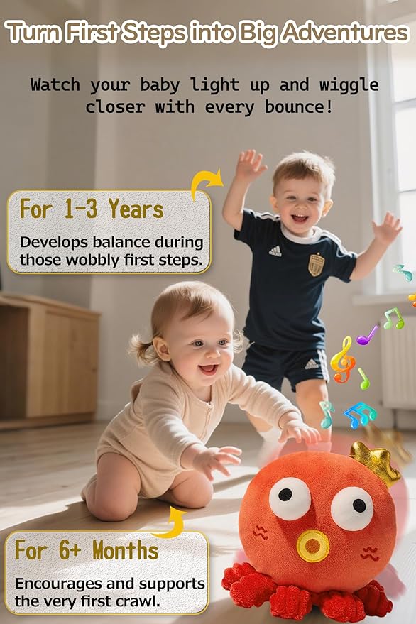 Bouncing Octopus Baby Toy, Musical Crawling Toy for 6-12 Months, Talking Recording Repeat Plush Toy with 120 Songs, Sensory Tummy Time Toy for Toddlers 1-3, Infant Birthday Gift (Red Octopus)